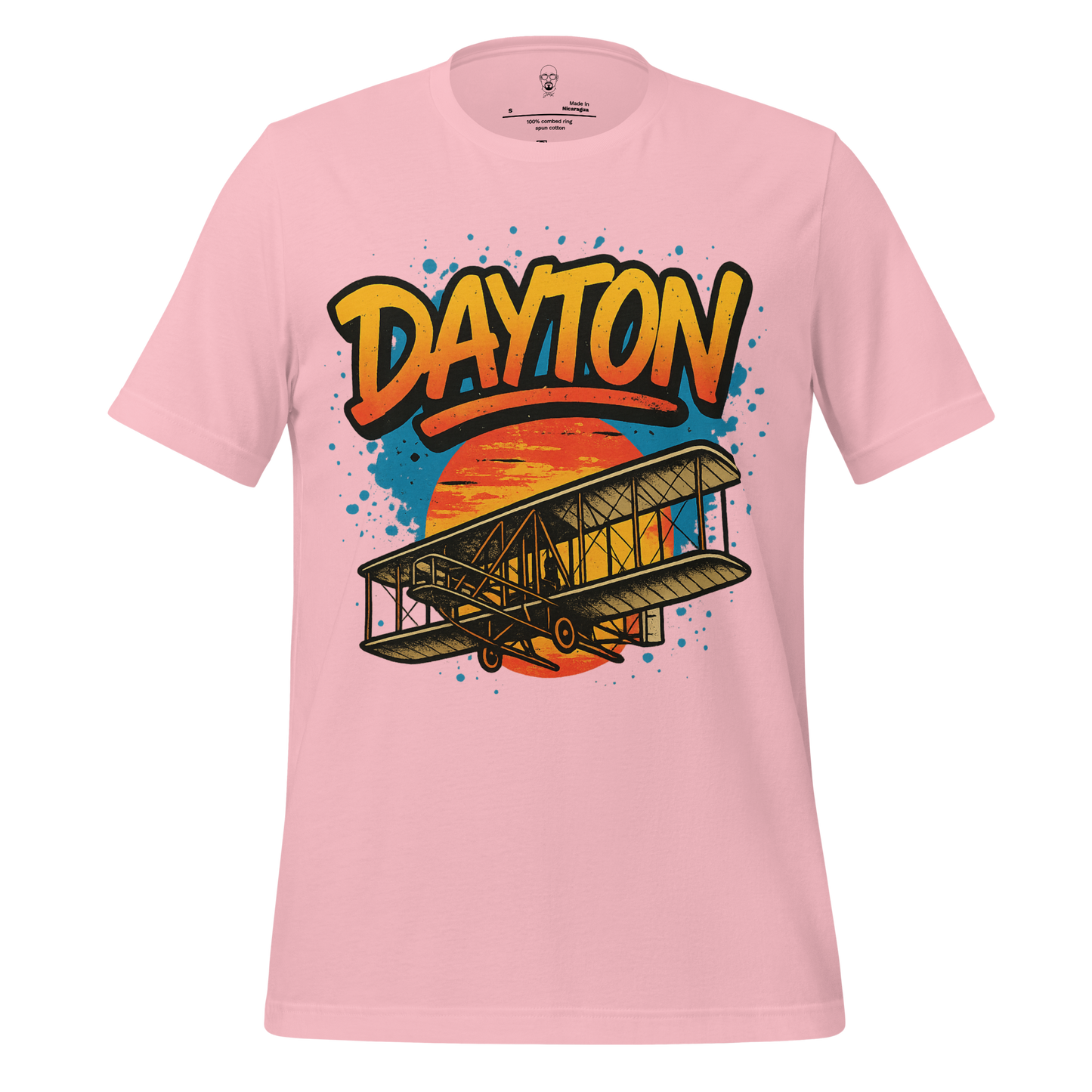 JMK Drip Dayton Graphic T-Shirt in pink with vintage airplane and sunset design