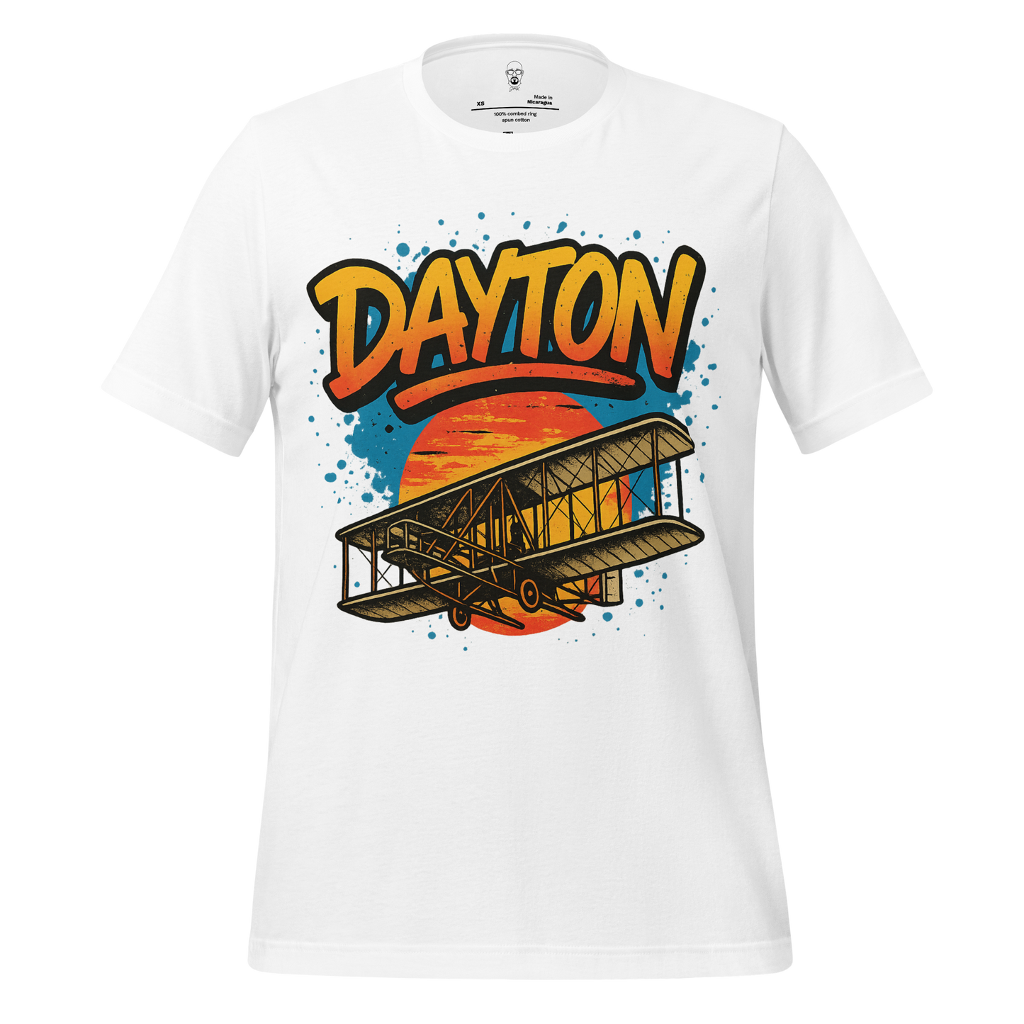 JMK Drip white Dayton Graphic T-Shirt featuring vintage airplane and sunset design