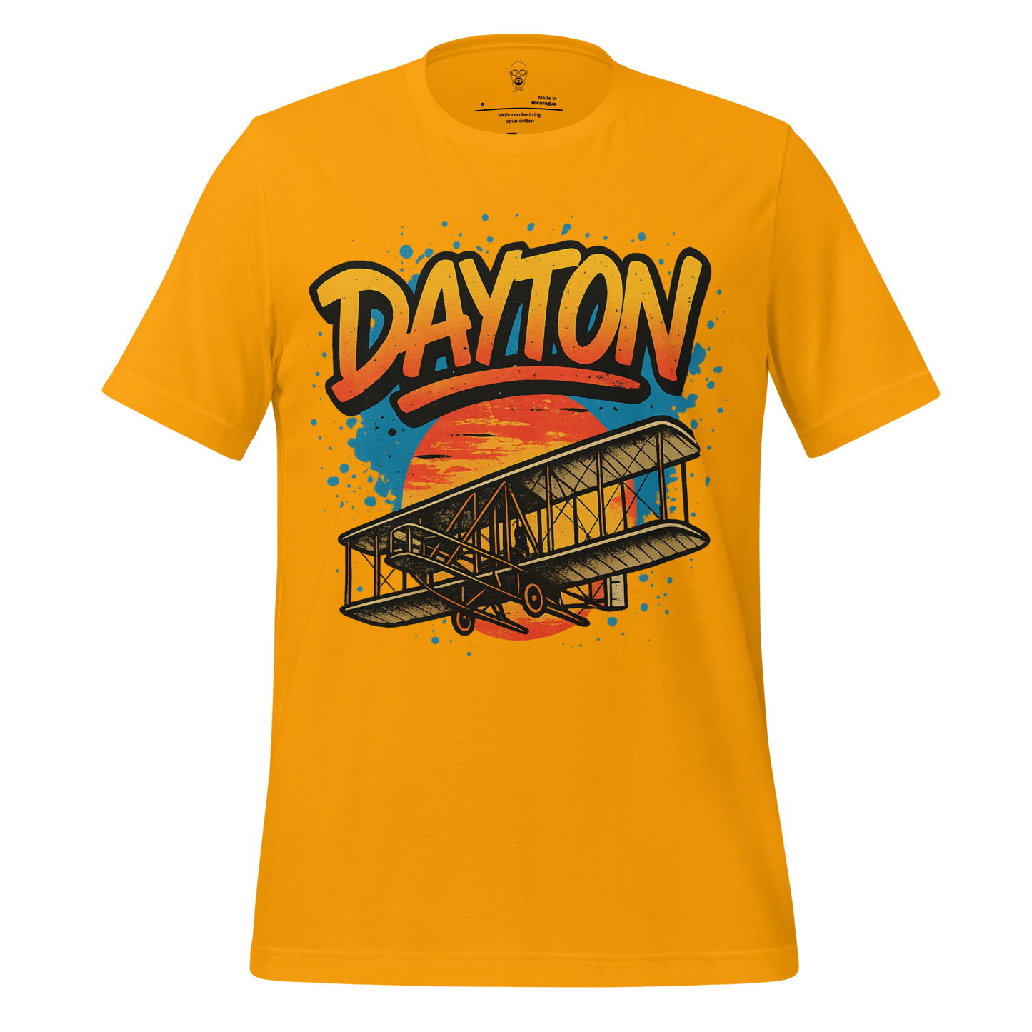 JMK Drip Dayton Graphic T-Shirt in yellow featuring vintage airplane and colorful sunset design