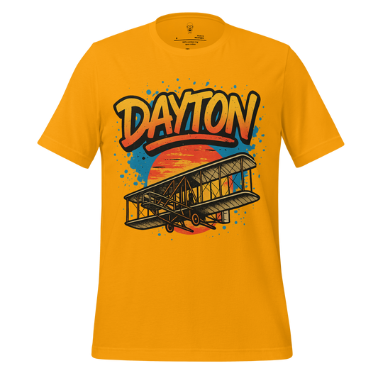 JMK Drip Dayton Graphic T-Shirt in yellow featuring vintage airplane and colorful sunset design