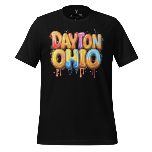 Black t-shirt with colorful dripping graffiti text Dayton Ohio t-shirt design by JMK Drip