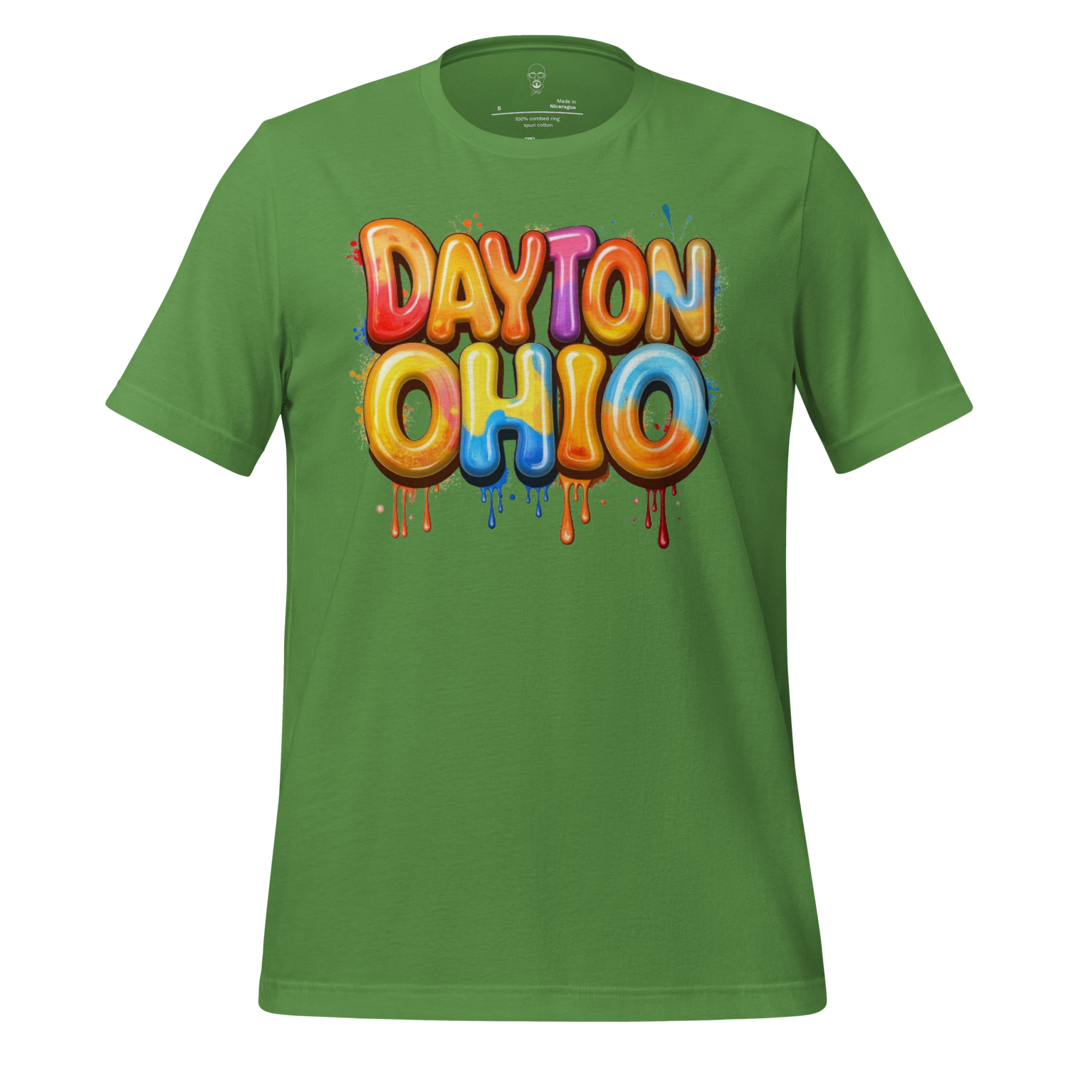 Green Dayton Ohio t-shirt with colorful balloon-style lettering and paint drip design