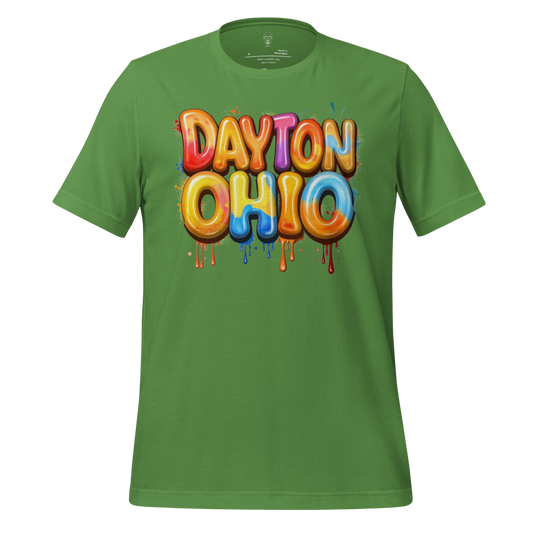 Green Dayton Ohio t-shirt with colorful balloon-style lettering and paint drip design