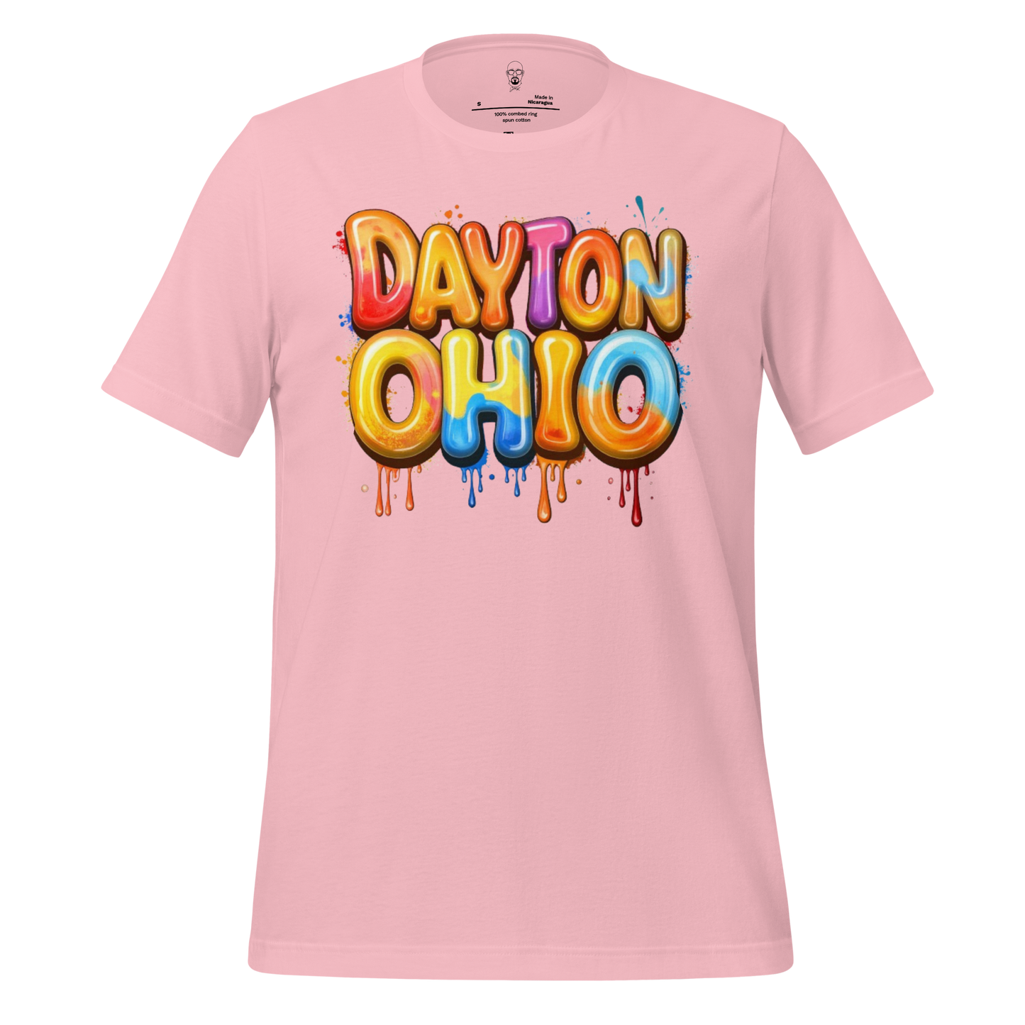Pink Dayton Ohio t-shirt with colorful dripping graffiti style text design