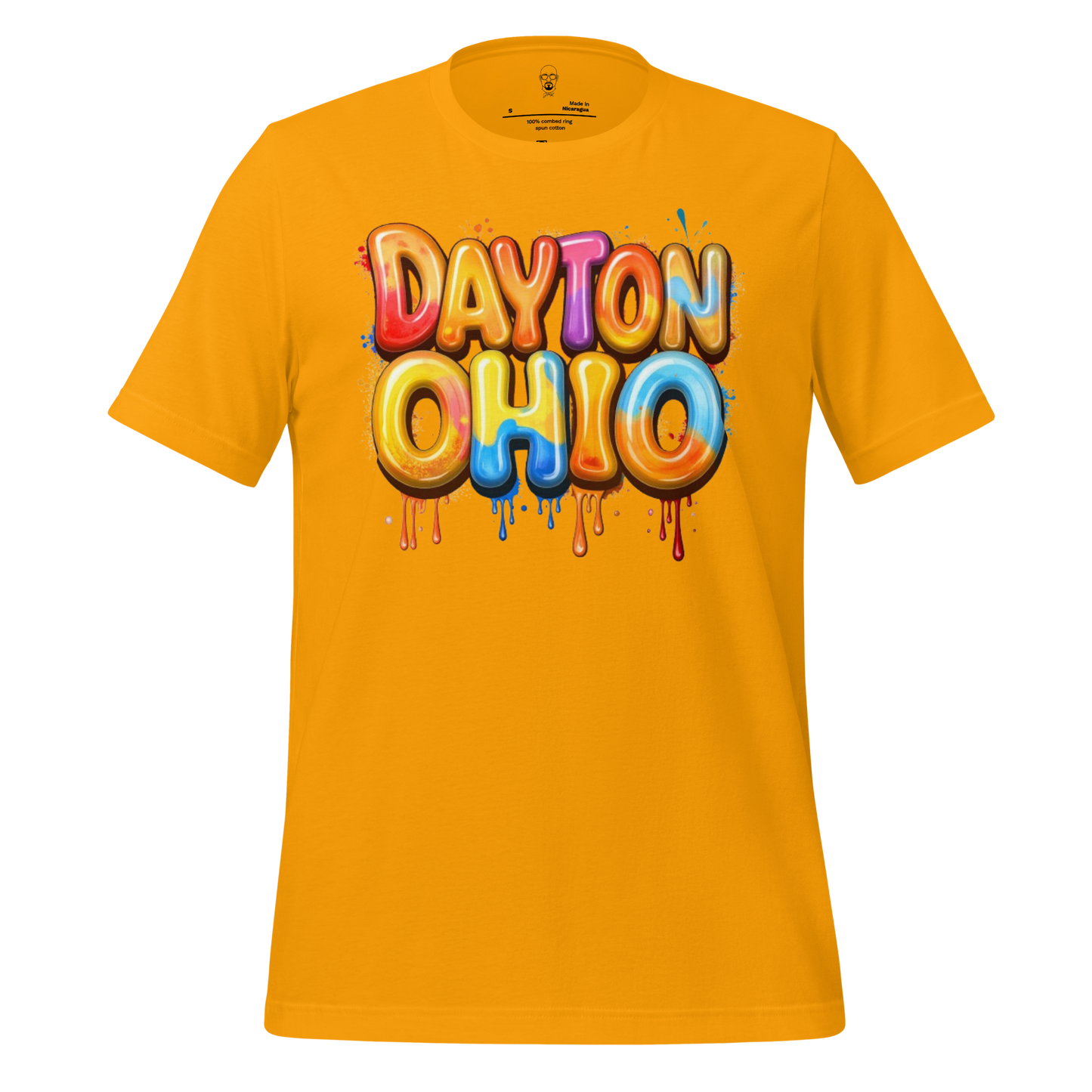 Bright yellow Dayton Ohio t-shirt with colorful dripping balloon-style letters graphic