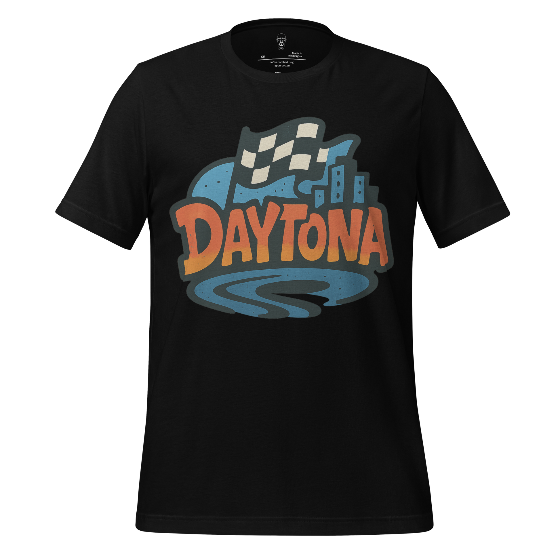 Black Daytona Graphic T-Shirt with vintage checkered flag and cityscape design