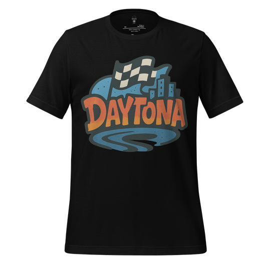Black Daytona Graphic T-Shirt with vintage checkered flag and cityscape design