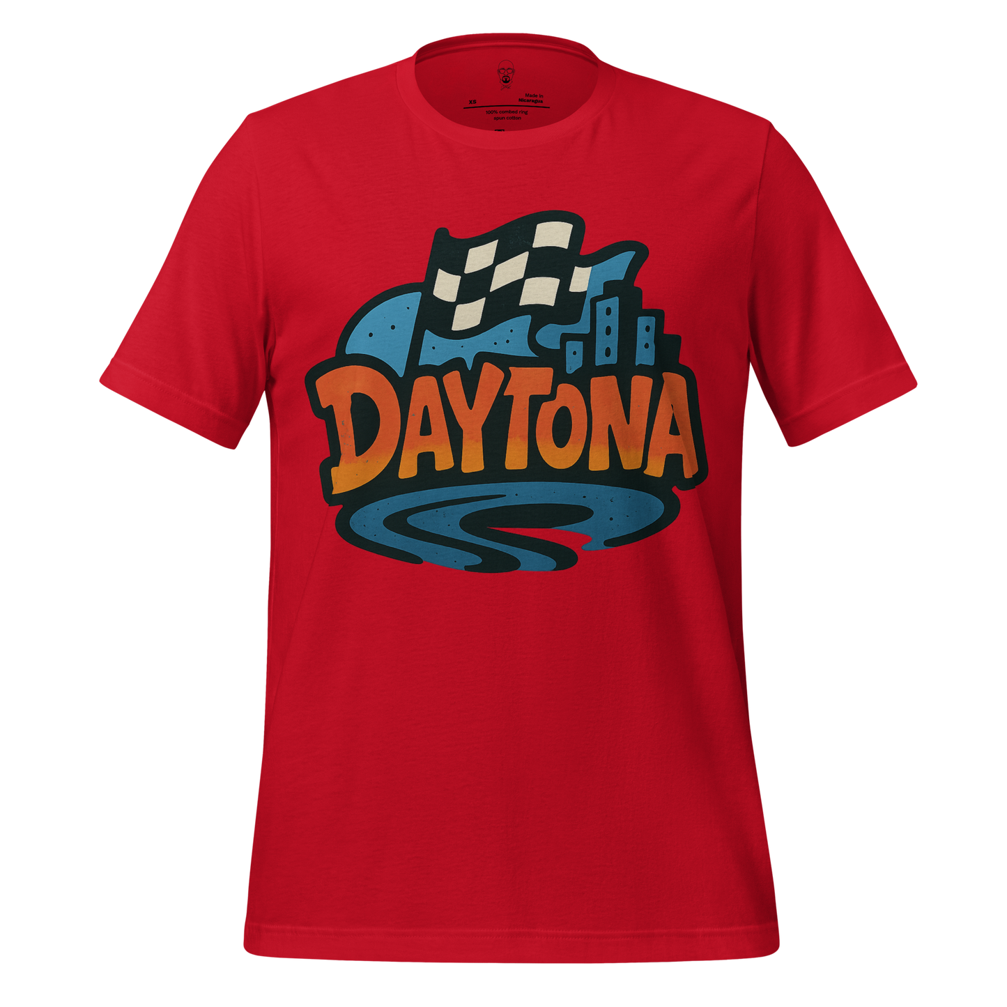Red Daytona Graphic T-Shirt with checkered flag and cityscape design on front