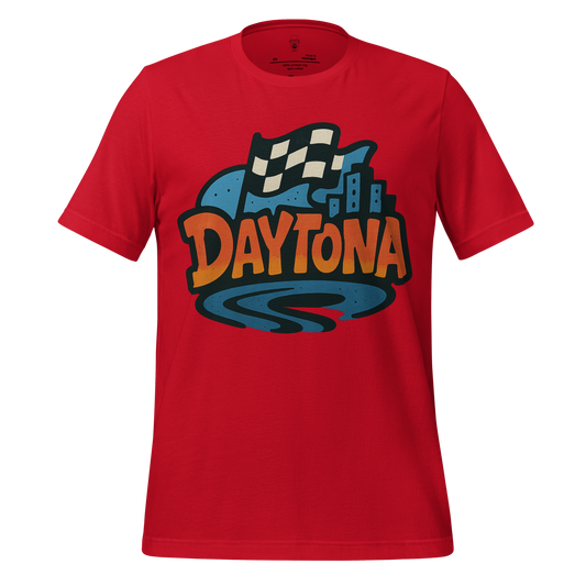 Red Daytona Graphic T-Shirt with checkered flag and cityscape design on front