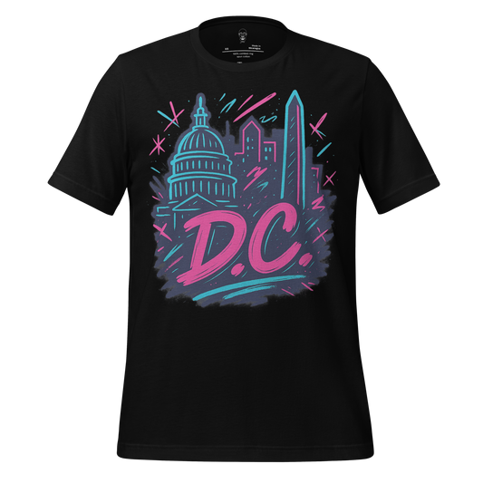Black DC Graphic T-Shirt with colorful sketch of Washington DC landmarks and bold DC text