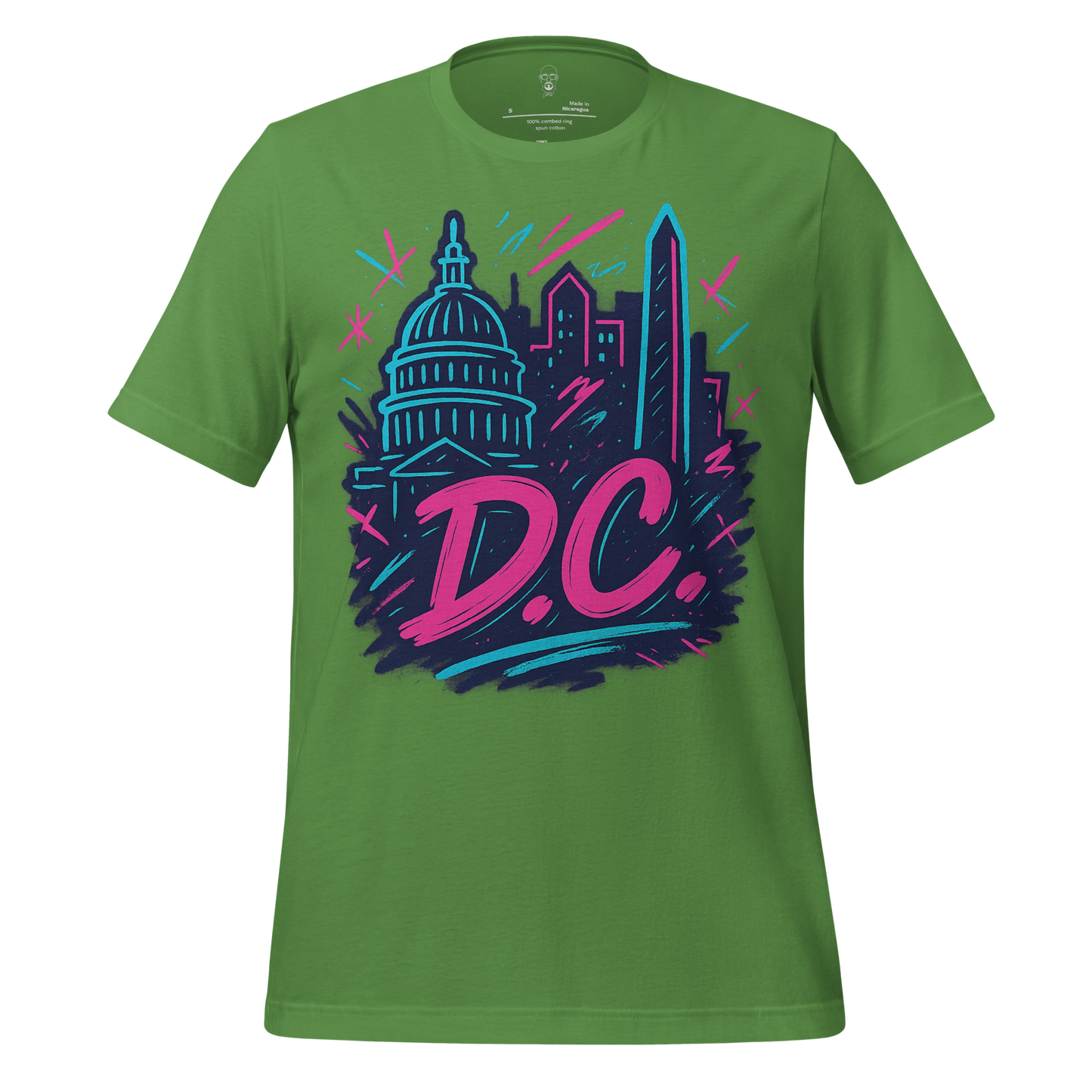 Green JMK Drip DC Graphic T Shirt featuring Washington DC skyline in vibrant pink and blue design