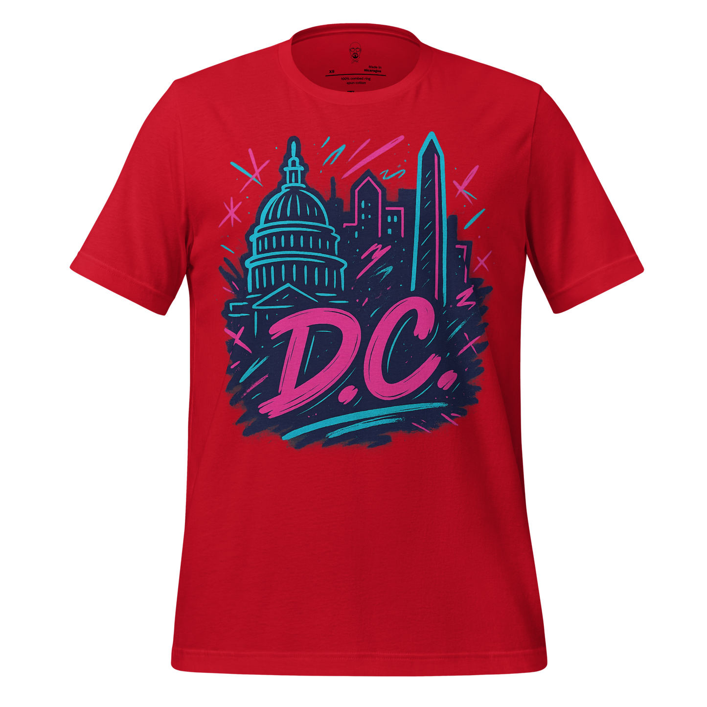 Red DC Graphic T-Shirt by JMK Drip featuring vibrant blue and pink Washington DC skyline design