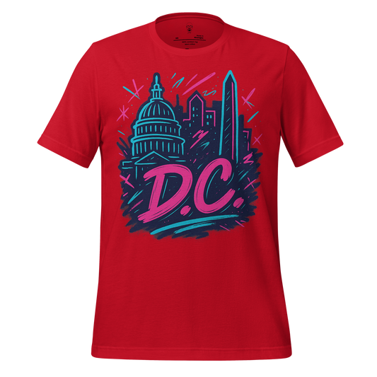 Red DC Graphic T-Shirt by JMK Drip featuring vibrant blue and pink Washington DC skyline design