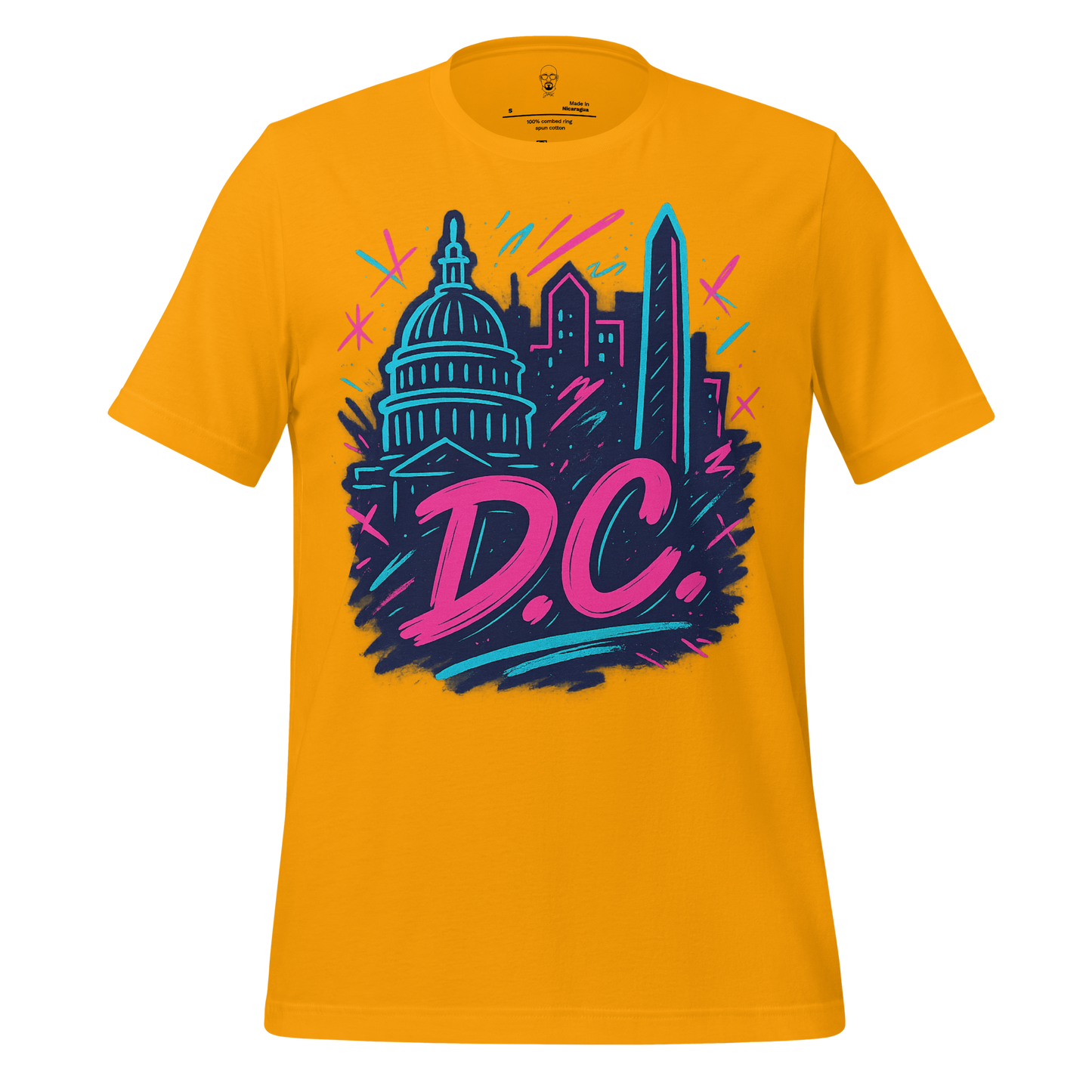 JMK Drip yellow DC Graphic T-Shirt with colorful Washington DC skyline and bold text design
