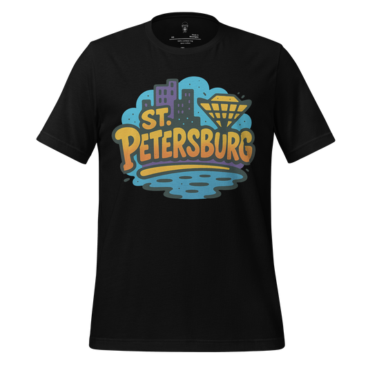 Black t-shirt with colorful St. Petersburg cityscape graphic and text St. Petersburg Graphic T-Shirt