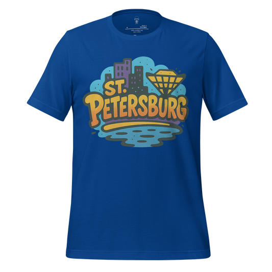 Blue St. Petersburg Graphic T-Shirt with colorful city skyline and water design