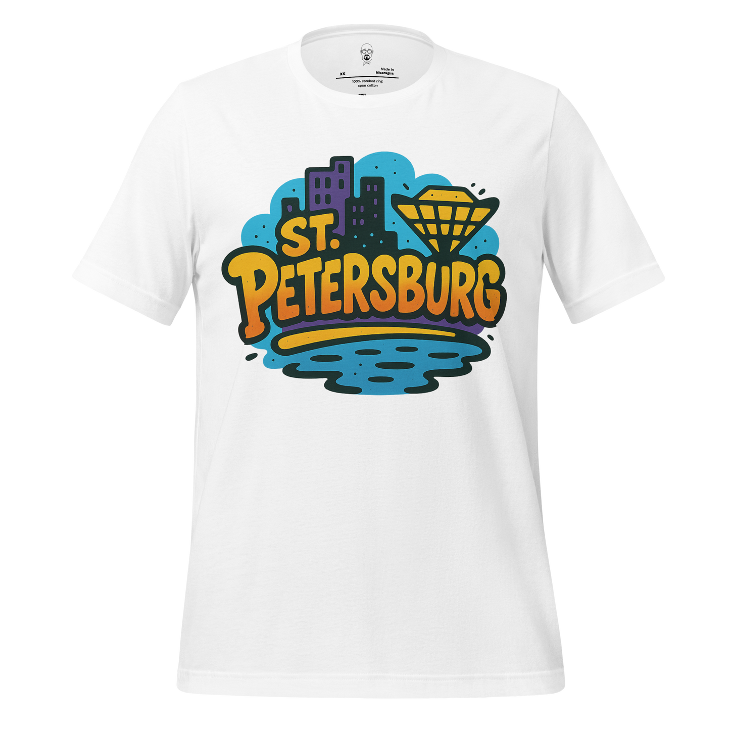 White St. Petersburg Graphic T-Shirt with colorful cityscape and diamond design