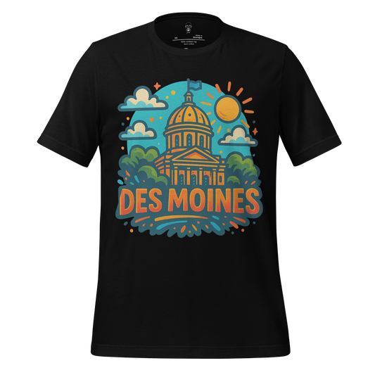 Black Des Moines Graphic T-Shirt by JMK Drip featuring colorful cityscape with capitol building and sun