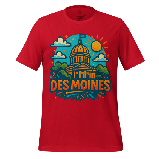 Red Des Moines Graphic T Shirt featuring colorful illustration of capitol building with sun and clouds