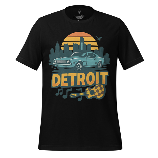 JMK Drip Detroit Graphic T-Shirt with vintage car and city skyline design in retro colors