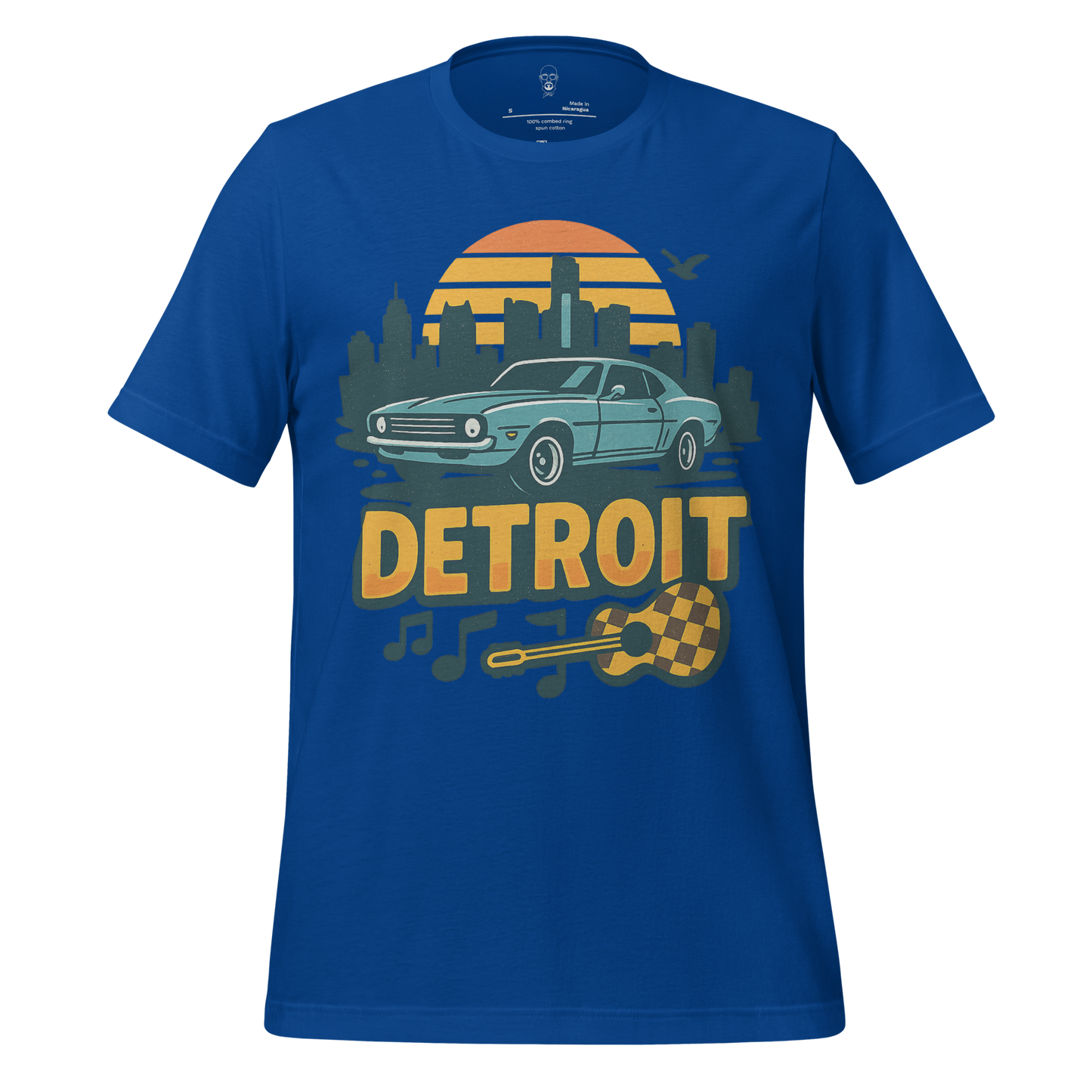 Blue JMK Drip Detroit Graphic T-Shirt with retro car and city skyline design