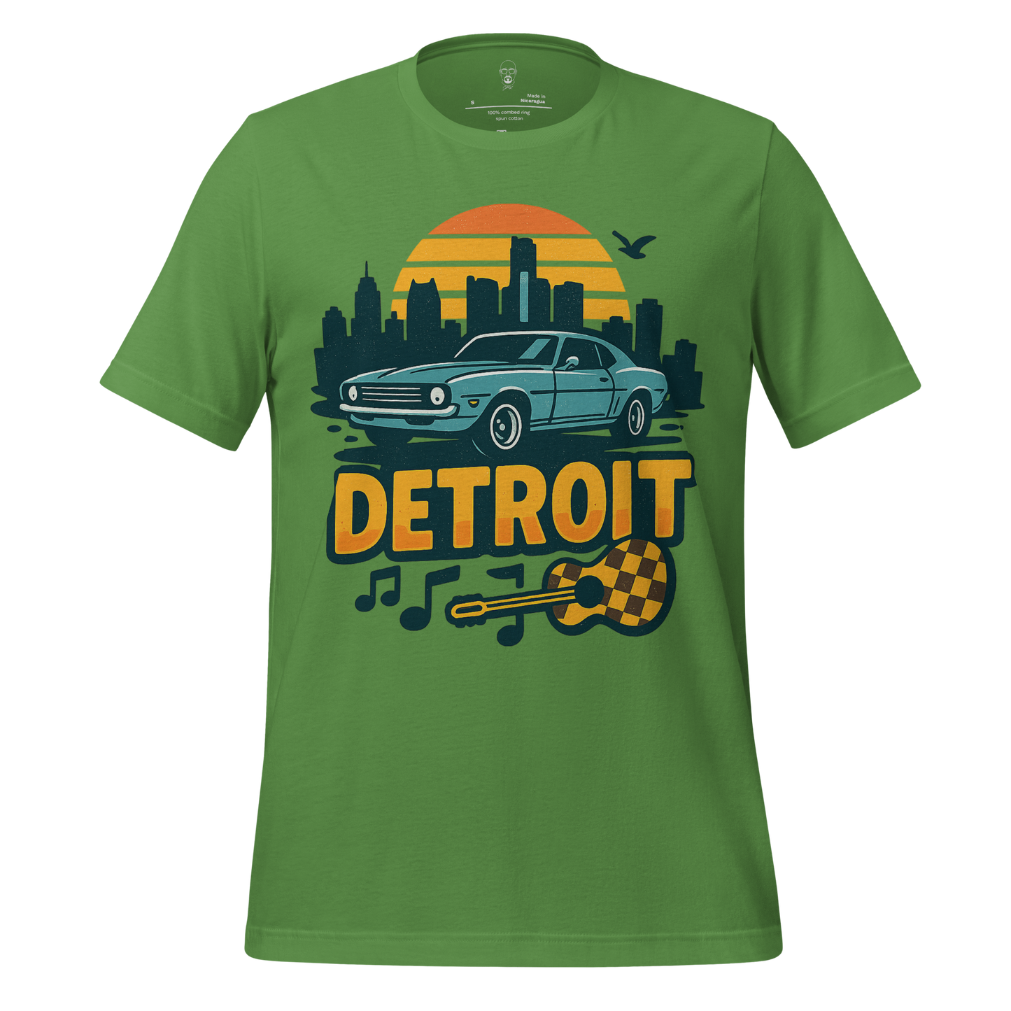 JMK Drip Detroit Graphic T-Shirt green with vintage car skyline guitar and music notes design
