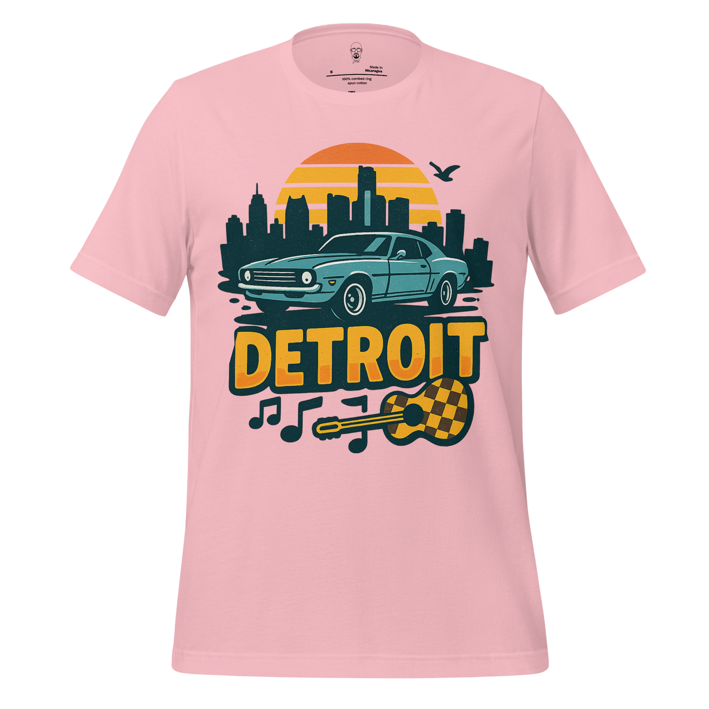 Pink Detroit Graphic T-Shirt featuring a classic car, city skyline, guitar, and musical notes design