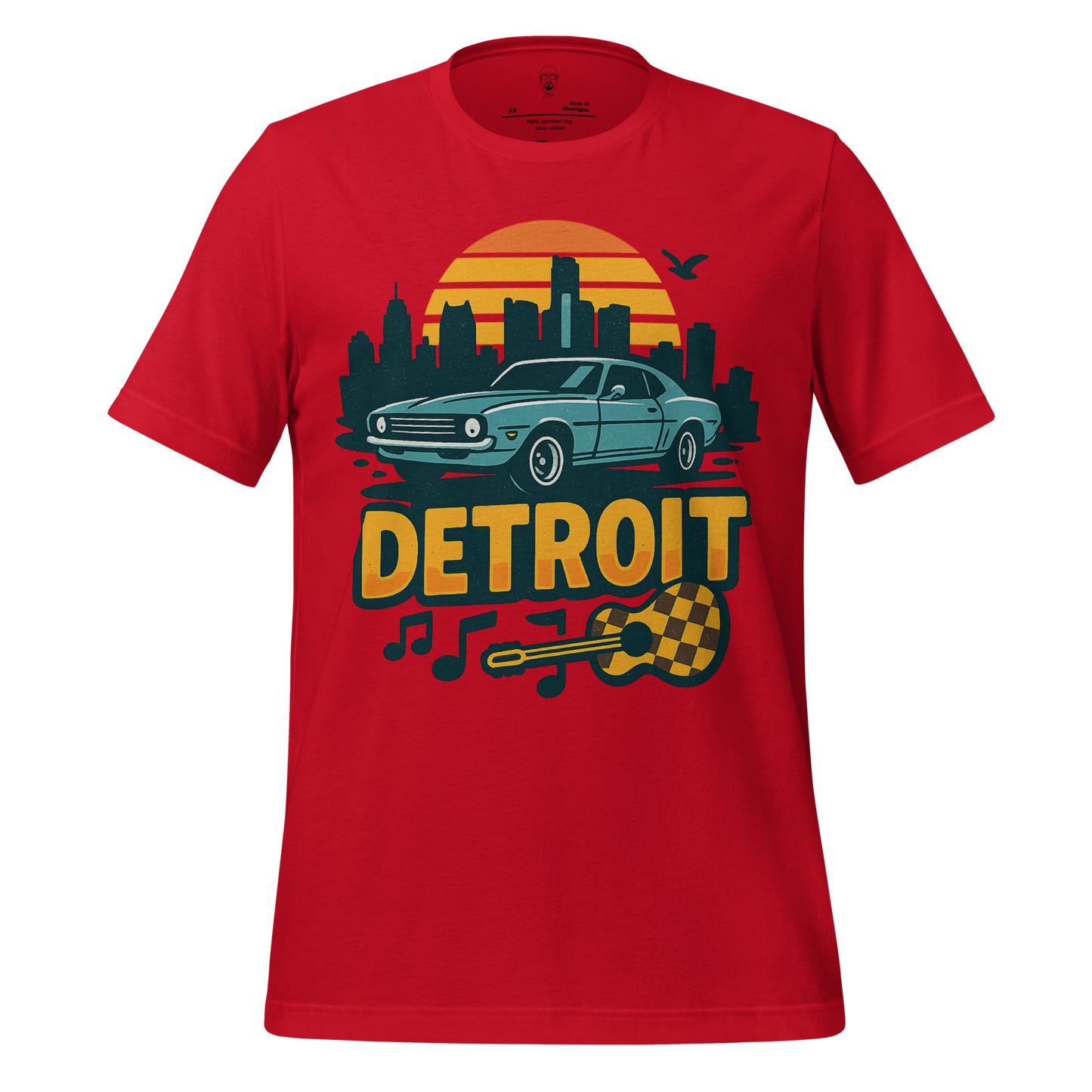 Red Detroit Graphic T-Shirt featuring city skyline, classic car, guitar, and musical notes