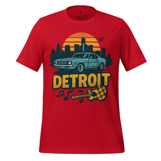 Red Detroit Graphic T-Shirt featuring city skyline, classic car, guitar, and musical notes