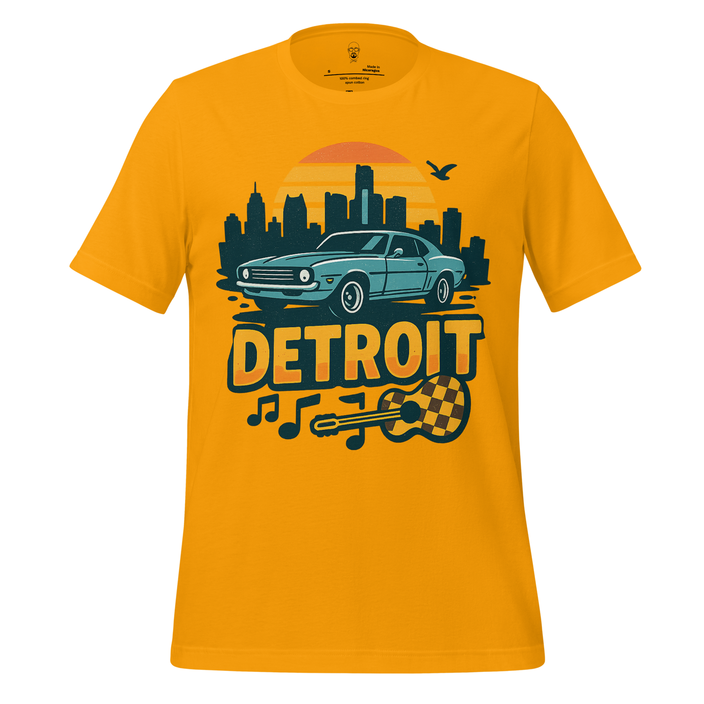 JMK Drip Detroit Graphic T-Shirt with vintage car and city skyline design on yellow fabric