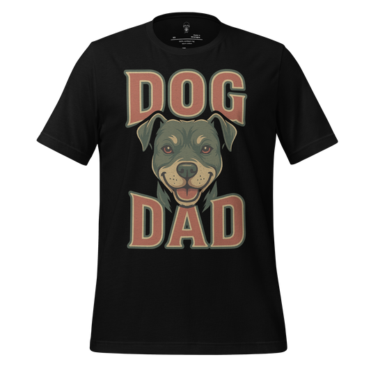 Black JMK Drip dog dad t-shirt with a smiling dog face graphic and bold text design