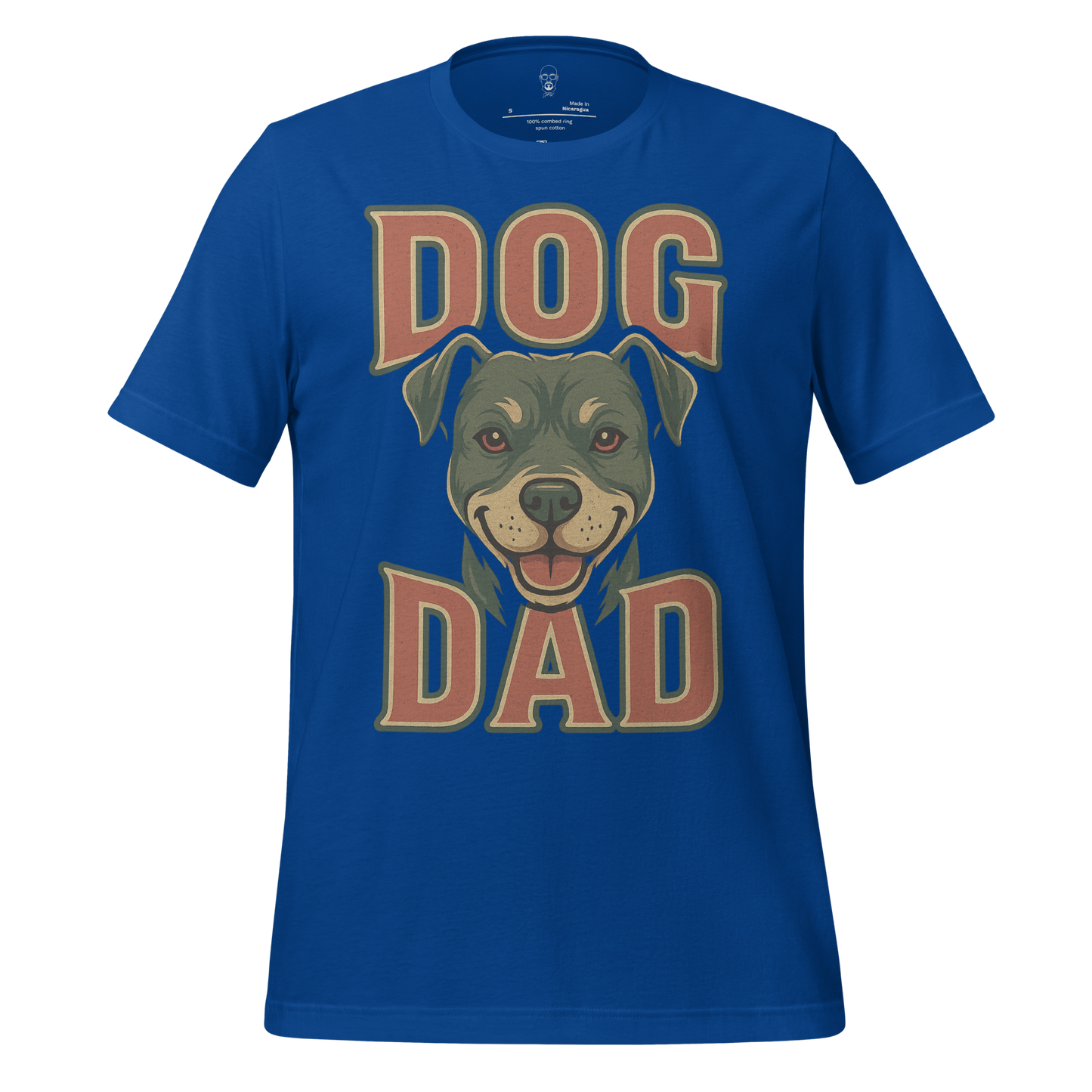 Blue JMK Drip dog dad t-shirt with graphic of happy dog face and bold lettering