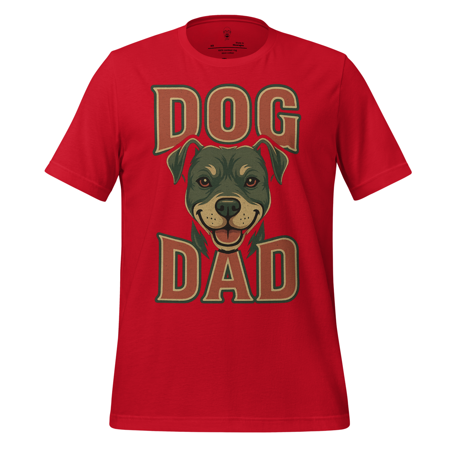 Red dog dad t-shirt by JMK Drip featuring a happy dog face graphic and bold text design