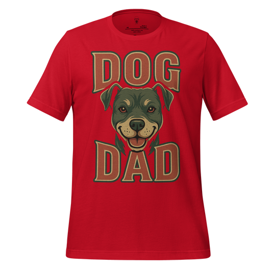 Red dog dad t-shirt by JMK Drip featuring a happy dog face graphic and bold text design
