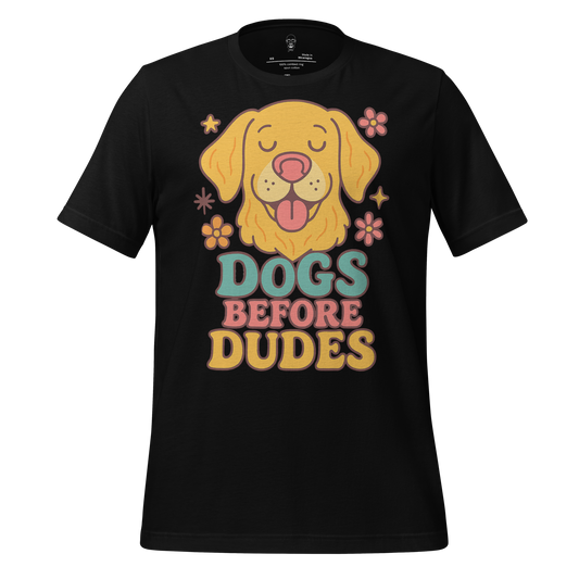 Black dogs before dudes t-shirt with a cute yellow dog illustration and colorful flowers