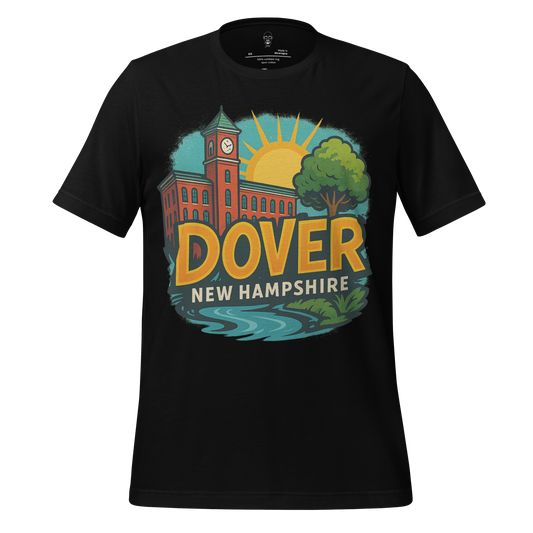 Black Dover Graphic T-Shirt by JMK Drip featuring a colorful Dover New Hampshire design with clock tower and nature
