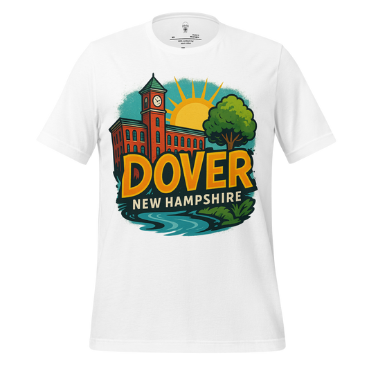 White Dover Graphic T-Shirt by JMK Drip featuring colorful Dover New Hampshire design with clock tower and sun