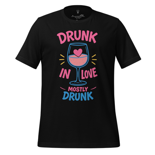 Black JMK Drip Drunk in Love t-shirt with colorful wine glass and heart graphic design