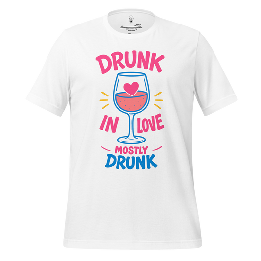 White Drunk in Love t-shirt with colorful wine glass and heart graphic design