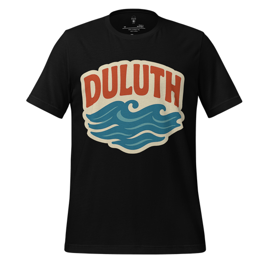 Black Duluth Graphic T-Shirt with vintage style wave and bold red Duluth text design