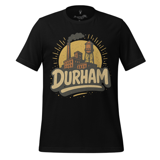 Black Durham Graphic T-Shirt by JMK Drip featuring vintage factory and water tower design