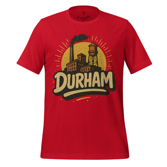 JMK Drip Durham Graphic T-Shirt in red featuring vintage industrial design with smoke stack and water tower