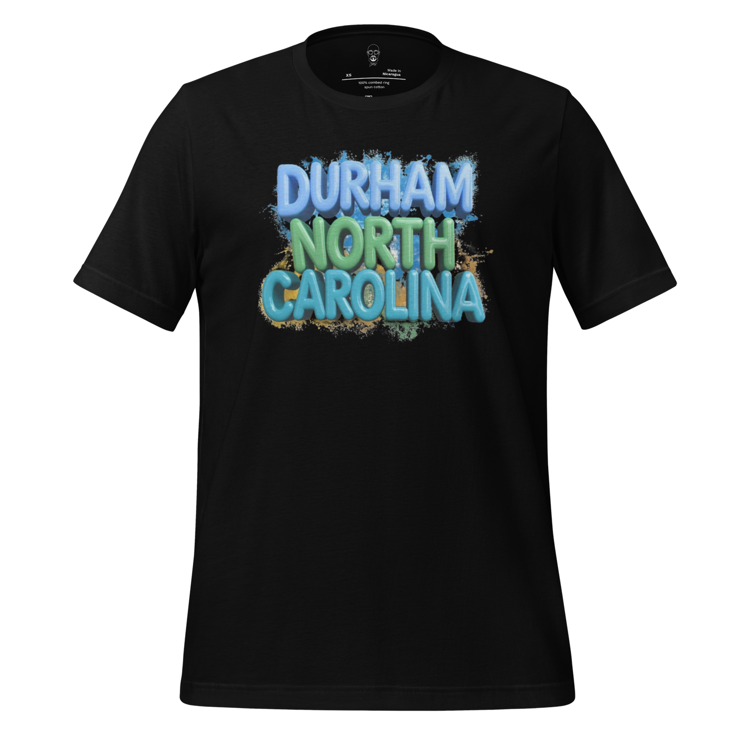 Black Durham North Carolina t-shirt with colorful graffiti style text design by JMK Drip