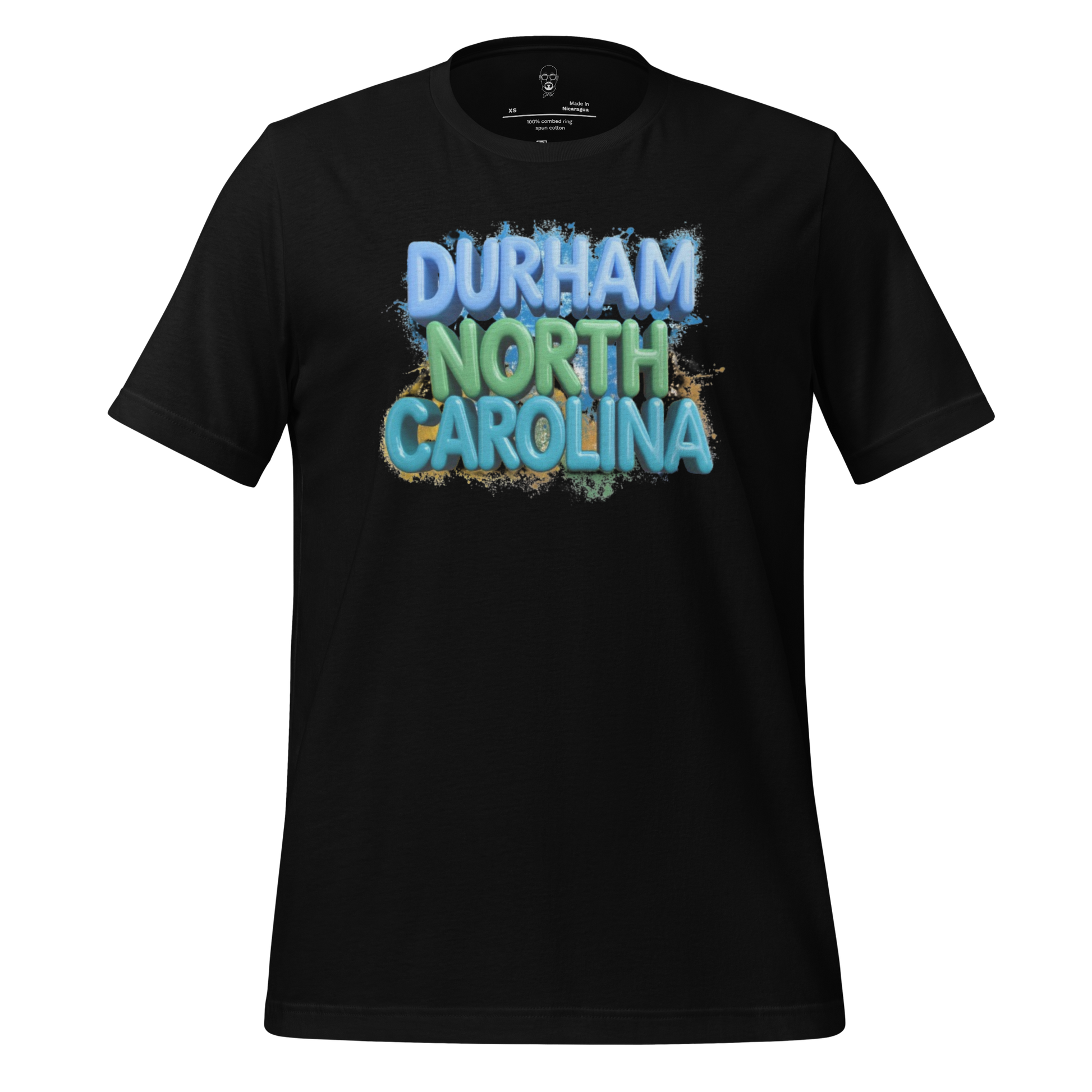 Black Durham North Carolina t-shirt with colorful graffiti style text design by JMK Drip