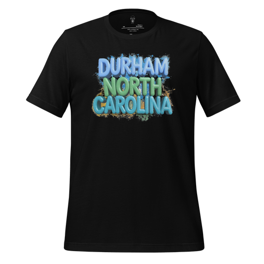 Black Durham North Carolina t-shirt with colorful graffiti style text design by JMK Drip