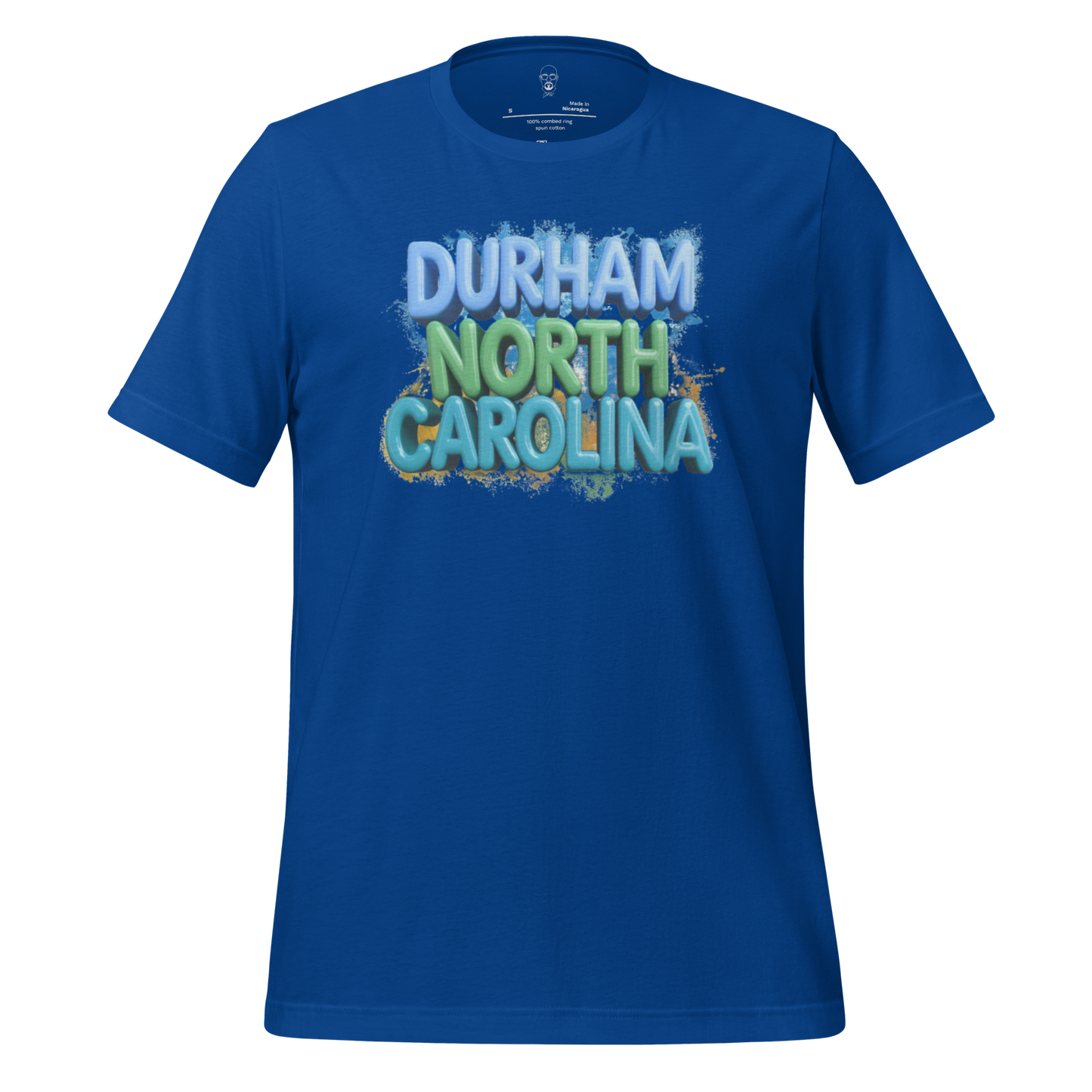Blue JMK Drip Durham North Carolina t-shirt with colorful textured lettering design