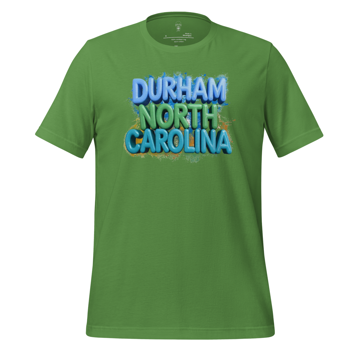 Green Durham North Carolina t-shirt with colorful bold text design by JMK Drip
