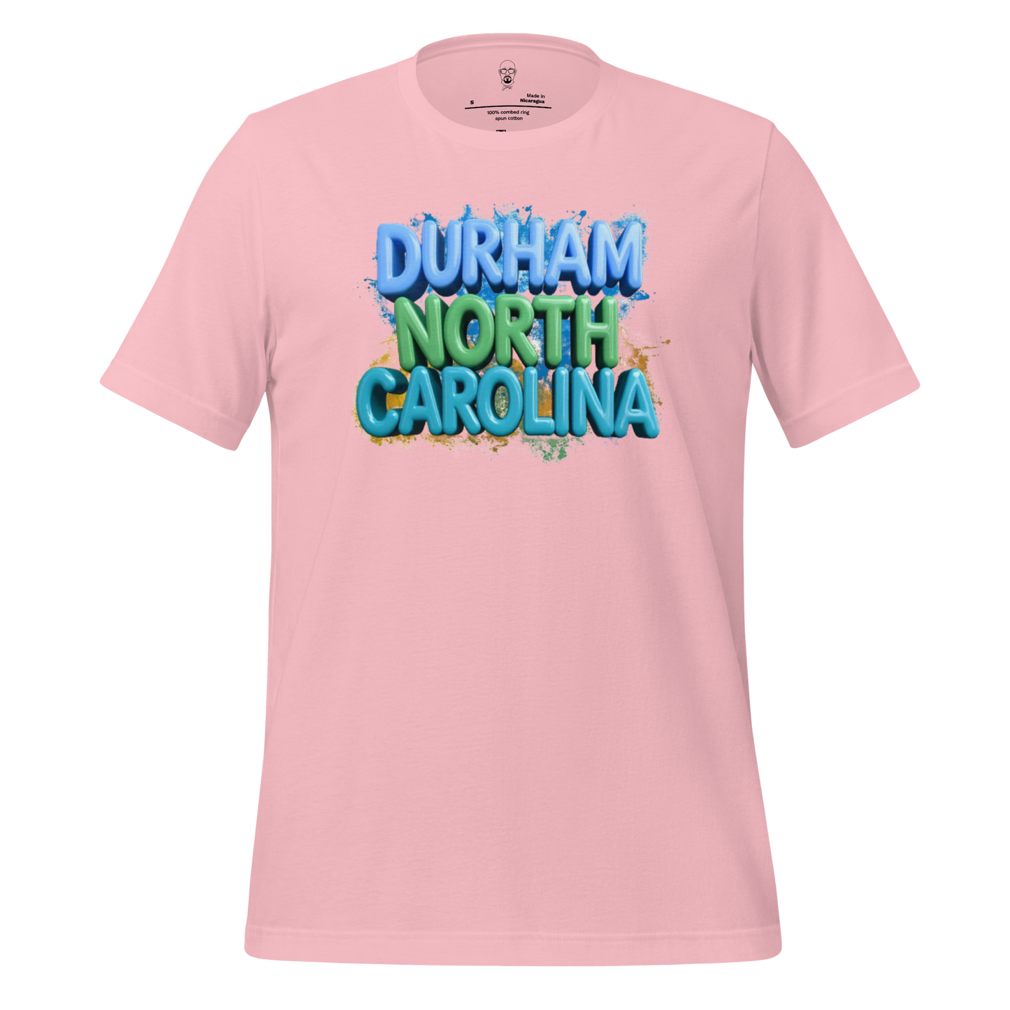 Pink t-shirt with colorful graffiti style Durham North Carolina t-shirt text design