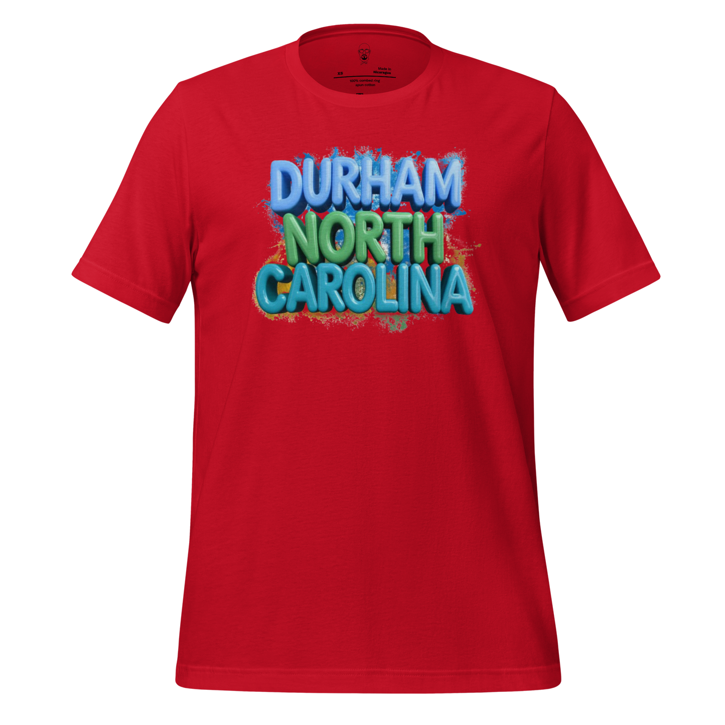 Red Durham North Carolina t-shirt with colorful bold text design by JMK Drip