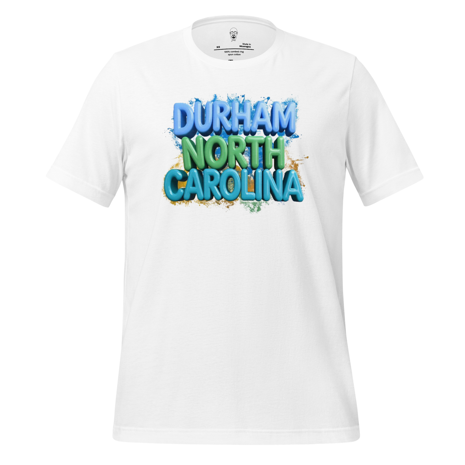 White t-shirt with colorful Durham North Carolina text design by JMK Drip